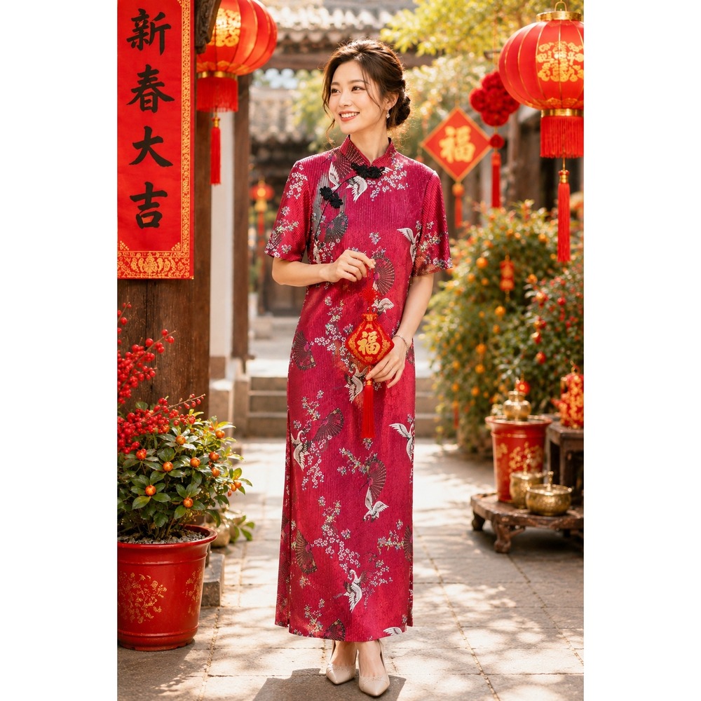 Burgundy Red‎ Crane Floral Pleated Qipao Cheongsam Dress Mandarin Collar L